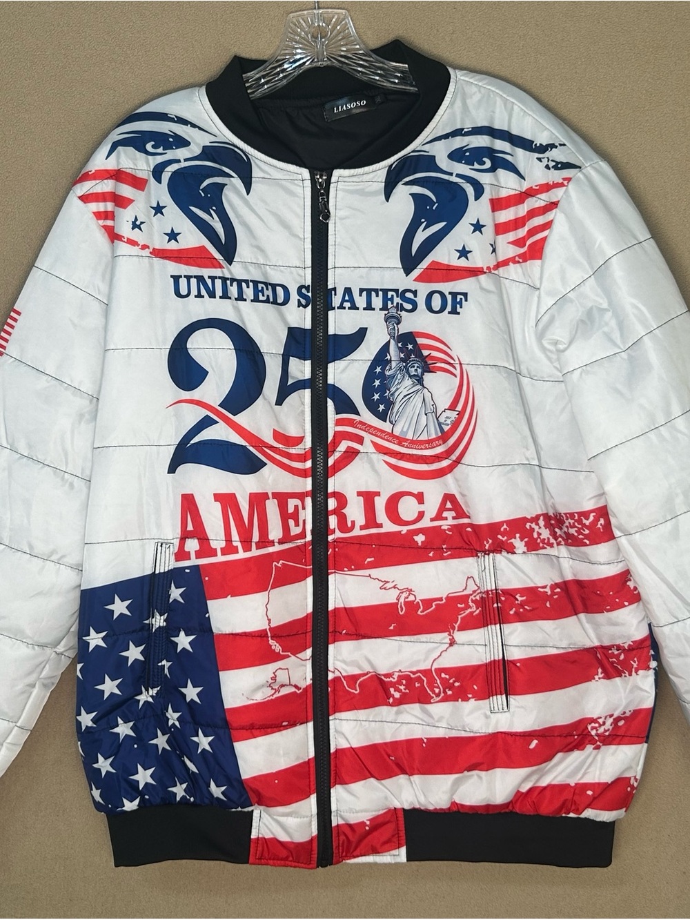 XL puffer quilted bomber jacket celebrating 250 USA Patriotic graphic design.